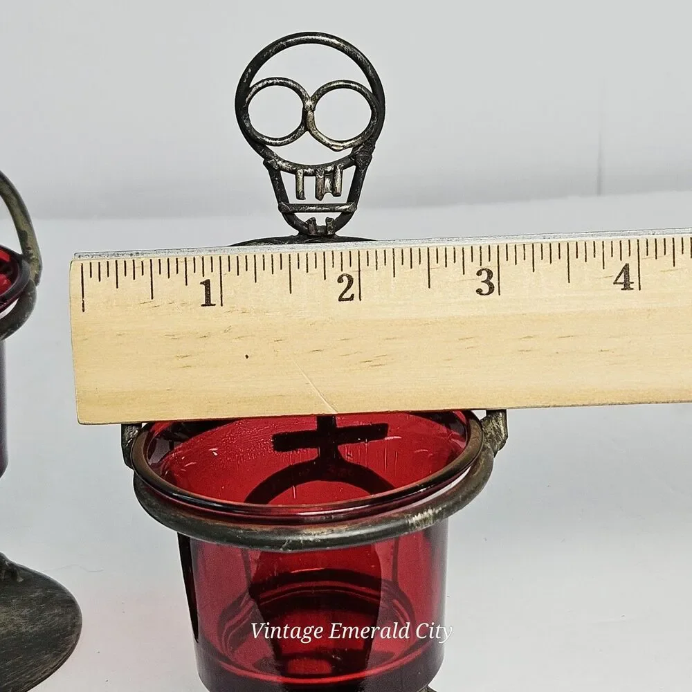 Vtg Rare Black Metal Skull Men Halloween Candle Holders Red Glass Votive Set 2